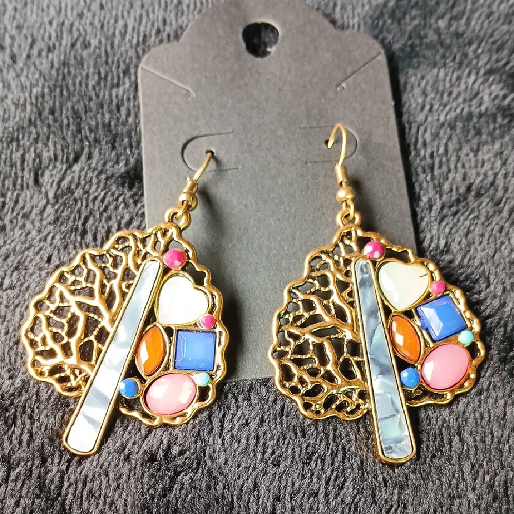 Elegant Gold Leaf Earrings with Multicolor Accents